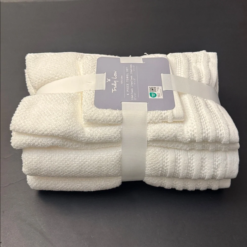 6pc TRULY LOU 100% Cotton Bath Towel Set - White/White